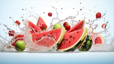 Watermelon and watermelon with splashes on a white background AI generated