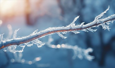 A single branch with frost crystals stands out in the gentle light of sunrise AI generated