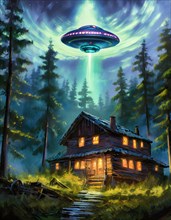 Unidentified Aerial Phenomena UAP as a mysterious alien spaceship above and an old wooden house in the fir forest at night. Anomalous UFO sci-fi surreal painting. AI generated art