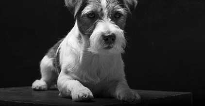 Purebred Jack Russell is lying on a pedestal in the studio and looking at the camera.