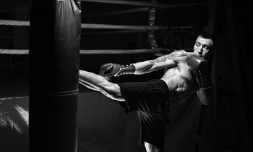 Kickboxer kicks the bag. Training a professional athlete. The concept of mma