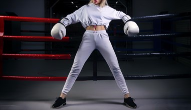 Charming girl in a white sweatshirt poses with huge white gloves against the background of a boxing ring. The concept of sports