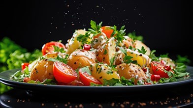 Potato salad with fresh tomatoes and parsley on a black background AI generated