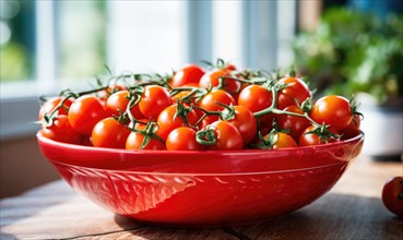 Cherry tomatoes in a bowl on a wooden table in the kitchen AI generated