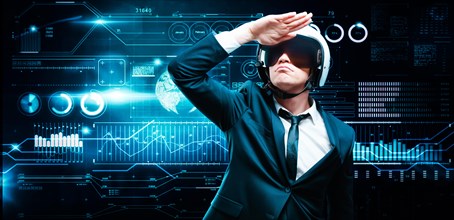 Portrait of a man in a suit and helmet. He looks to the future against the background of a hologram of market trading. Business concept. Stock market. Brokers and traders.