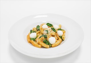 Gourmet pasta with basil and mozzarella balls. Top view. White background. Healthy eating concept.
