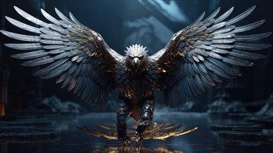 Black crow with golden wings on a dark background AI generated