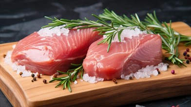 Raw chicken fillet on a wooden board with vegetables. Selective focus AI generated