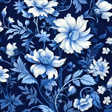 Elegant floral wallpaper design featuring blue flowers with white accents on a navy background AI generated