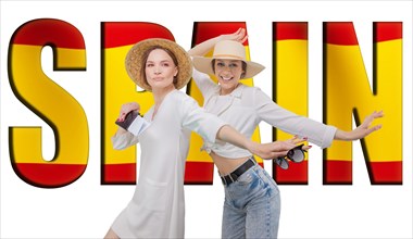 Portrait of two women ready to travel. Billboard with the inscription Spain .