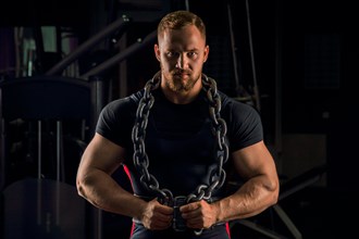 Handsome athlete with a chain around his neck stands in the gym and looks straight ahead