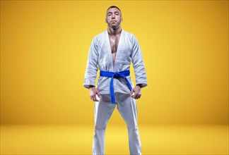 Strong man in a kimono with a blue belt. Yellow background. Martial arts concept.