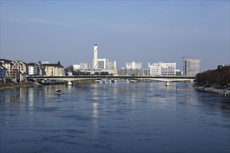 Blick auf die Dreirosenbruecke und Novartis in Basel