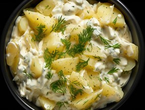 Potato salad with dill and sauce on a black background. Top view AI generated