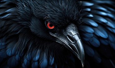 Intense close-up of a raven with a striking red eye AI generated