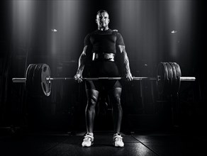 Professional athlete is standing and is holding a very heavy barbell. Front view