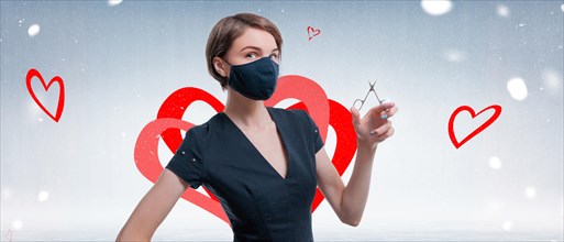 Portrait of an elegant beautiful girl with nail scissors in her hand. The concept of gift certificates for beauty salons. Winter background. Valentine's Day.