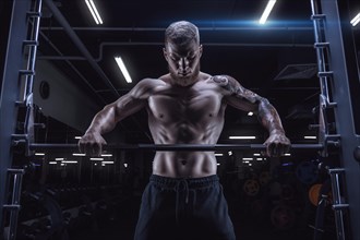 Portrait of an athlete standing in front of a barbell in the gym. Bodybuilding and fitness concept.