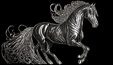Sculpture of a horse made of shiny silver metal against a black background