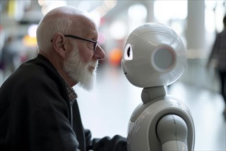 Old man meets a white care robot controlled by artificial intelligence. AI generated