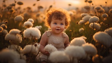 Cute baby girl playing in dandelions field at sunset AI generated