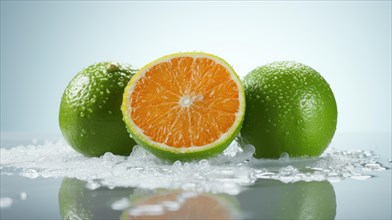 Orange and lime on a white background with water drops and reflection. Orange and lime fruit concept AI generated