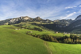 View of the Hoher Kasten and the village of Bruelisau in the Alpstein mountains