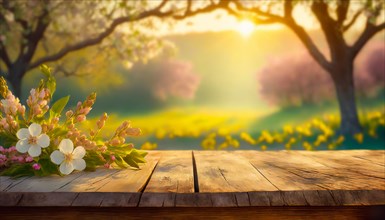 Spring season scene with an old wooden table decorated with flowers and green leaves. Springtime morning outdoors in the garden