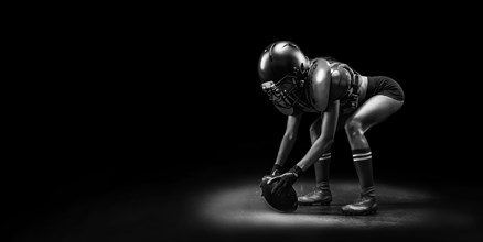 Image of a girl in the uniform of an American football team player. Beginning of the game. Sports concept. Shoulders pads.