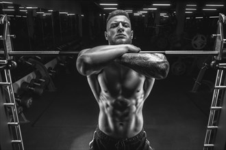 Portrait of an athlete performing front squat with a barbell in the gym. Bodybuilding and fitness concept.