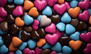 An assortment of colorful heart-shaped candies and chocolates spread out AI generated