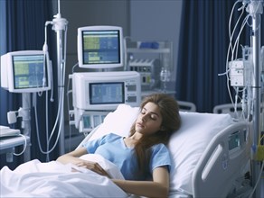 Serene female patient lying in a hospital bed with advanced monitoring equipment