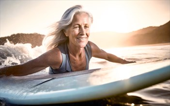 Elderly woman on a surfboard in the sea