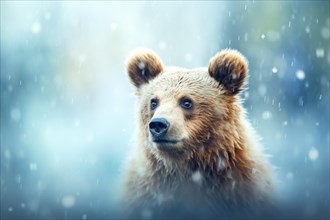 Portrait of young brown bear in a forest during snowfall Bokeh