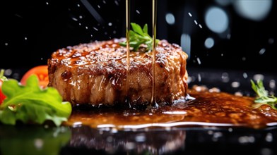 Grilled steak with sauce and vegetables on a black background. Restaurant menu AI generated
