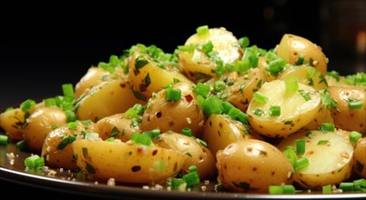 Potatoes with green onions and garlic on a plate on a black background AI generated