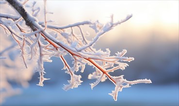 The warm glow of morning light accents a branch covered in delicate icicles AI generated