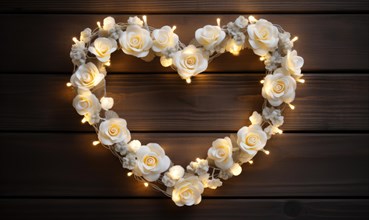 Heart-shaped white rose arrangement with candles radiating a warm