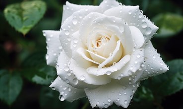 Close-up of a white rose with water droplets on petals AI generated