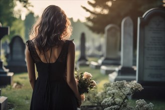 Young woman stands sadly with flowers at the gravestone