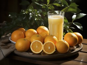 Orange juice in a glass beside fresh oranges on a rustic board