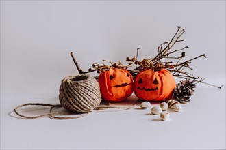 Rustic Halloween-themed decor with fabric pumpkins