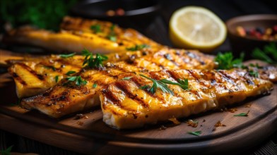Grilled fish fillet with lemon and parsley on wooden board AI generated