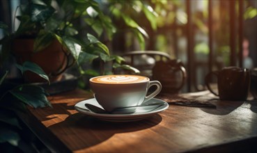 Latte with artful foam presented beside indoor plants in a serene setting AI generated