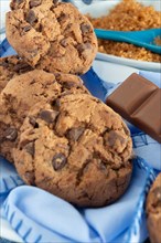 Close-up of indulgent chocolate chip cookies with chocolate pieces