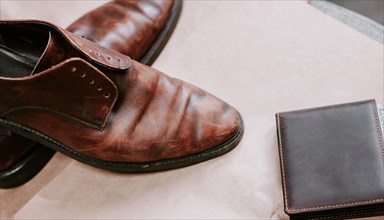 Brown men's shoes made of genuine leather and a brown leather wallet with money