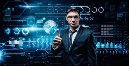 Confident man is standing in a business suit on the background of a stock exchange hologram. He shows a thumb raised. Stock broker and trader. Business investment.