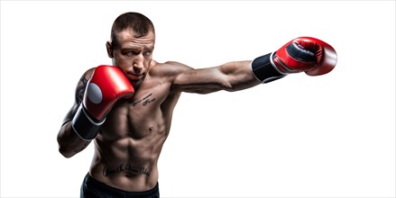 Professional boxer in red gloves exercises punches on a white background. Boxing concept.