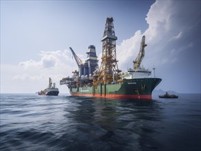 Offshore drilling ship on a calm ocean with scattered clouds indicating peaceful exploration