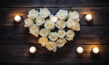 Rose petals and candles forming a delicate heart on a rustic wooden surface AI generated